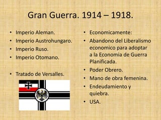 Gran Guerra. 1914 – 1918.
• Imperio Aleman.
• Imperio Austrohungaro.
• Imperio Ruso.
• Imperio Otomano.
• Tratado de Versalles.
• Economicamente:
• Abandono del Liberalismo
economico para adoptar
a la Economia de Guerra
Planificada.
• Poder Obrero.
• Mano de obra femenina.
• Endeudamiento y
quiebra.
• USA.
 