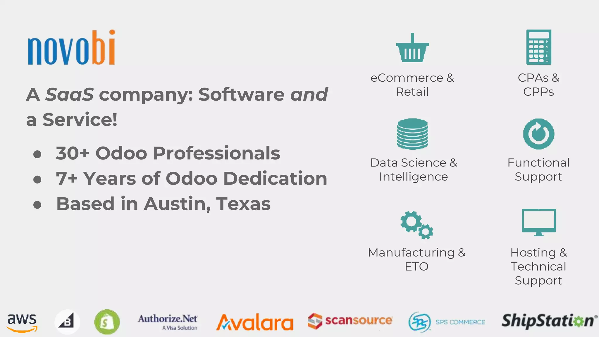 A SaaS company: Software and
a Service!
● 30+ Odoo Professionals
● 7+ Years of Odoo Dedication
● Based in Austin, Texas
eCommerce &
Retail
Data Science &
Intelligence
Manufacturing &
ETO
CPAs &
CPPs
Functional
Support
Hosting &
Technical
Support
 