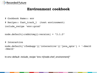 Environment cookbook
# Cookbook Name:: env
# Recipe:: fast_track_1  (test environment)
include_recipe 'env::prod'
node.default[:rabbitmq][:version] = "3.1.5"
# Interactive
node.default['rfwebapp']['interactive']['java_opts'] = '­Xms1G 
­Xmx1G'
In env::default include_recipe "env::#{node.chef_environment}"

 