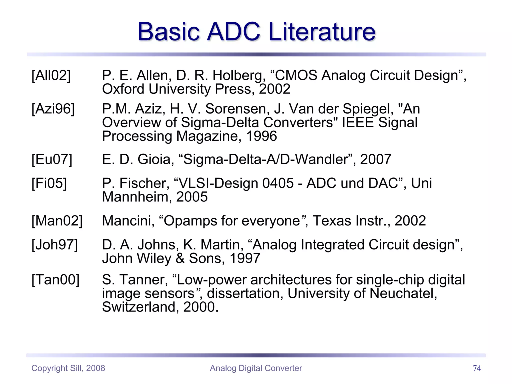 Copyright Sill, 2008 Analog Digital Converter 74
Basic ADC Literature
[All02] P. E. Allen, D. R. Holberg, “CMOS Analog Circuit Design”,
Oxford University Press, 2002
[Azi96] P.M. Aziz, H. V. Sorensen, J. Van der Spiegel, "An
Overview of Sigma-Delta Converters" IEEE Signal
Processing Magazine, 1996
[Eu07] E. D. Gioia, “Sigma-Delta-A/D-Wandler”, 2007
[Fi05] P. Fischer, “VLSI-Design 0405 - ADC und DAC”, Uni
Mannheim, 2005
[Man02] Mancini, “Opamps for everyone”, Texas Instr., 2002
[Joh97] D. A. Johns, K. Martin, “Analog Integrated Circuit design”,
John Wiley & Sons, 1997
[Tan00] S. Tanner, “Low-power architectures for single-chip digital
image sensors”, dissertation, University of Neuchatel,
Switzerland, 2000.
 