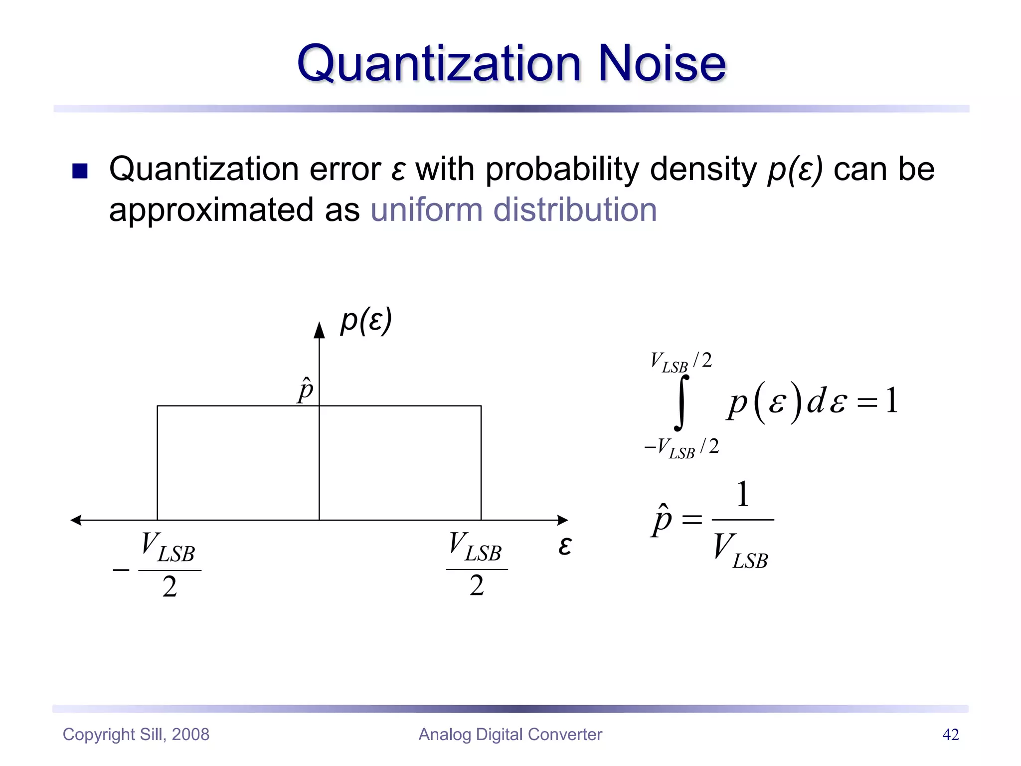 Copyright Sill, 2008 Analog Digital Converter 42
Quantization Noise
 Quantization error ε with probability density p(ε) can be
approximated as uniform distribution
 
/2
/2
1
1
ˆ
LSB
LSB
V
V
LSB
p d
p
V
 




p(ε)
2
LSB
V

2
LSB
V ε
p̂
 