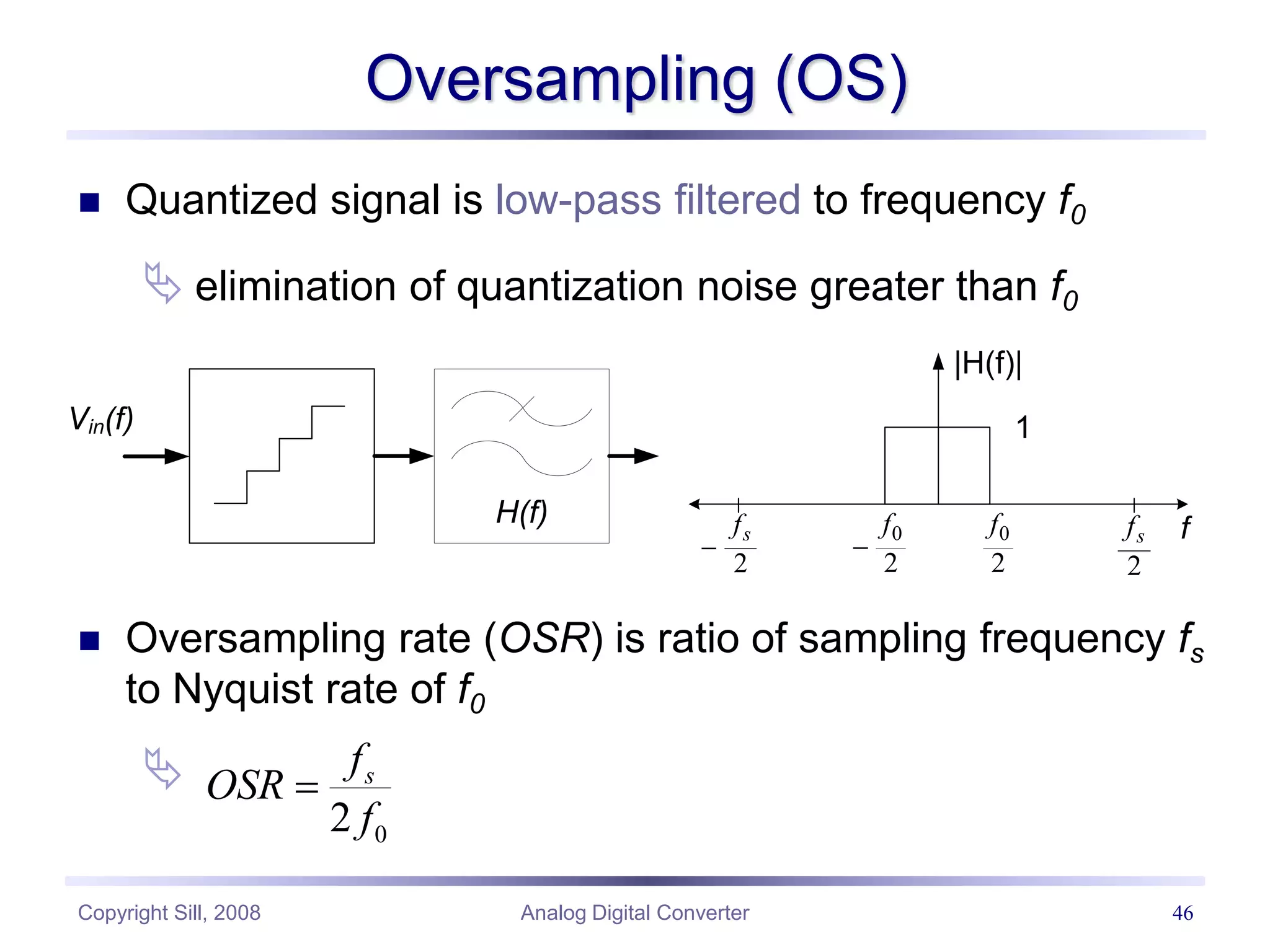 Copyright Sill, 2008 Analog Digital Converter 46
Oversampling (OS)
 Quantized signal is low-pass filtered to frequency f0
 elimination of quantization noise greater than f0
 Oversampling rate (OSR) is ratio of sampling frequency fs
to Nyquist rate of f0

2
s
f

2
s
f f
H(f)
|H(f)|
0
2
f
0
2
f

1
Vin(f)
0
2
s
f
OSR
f

 