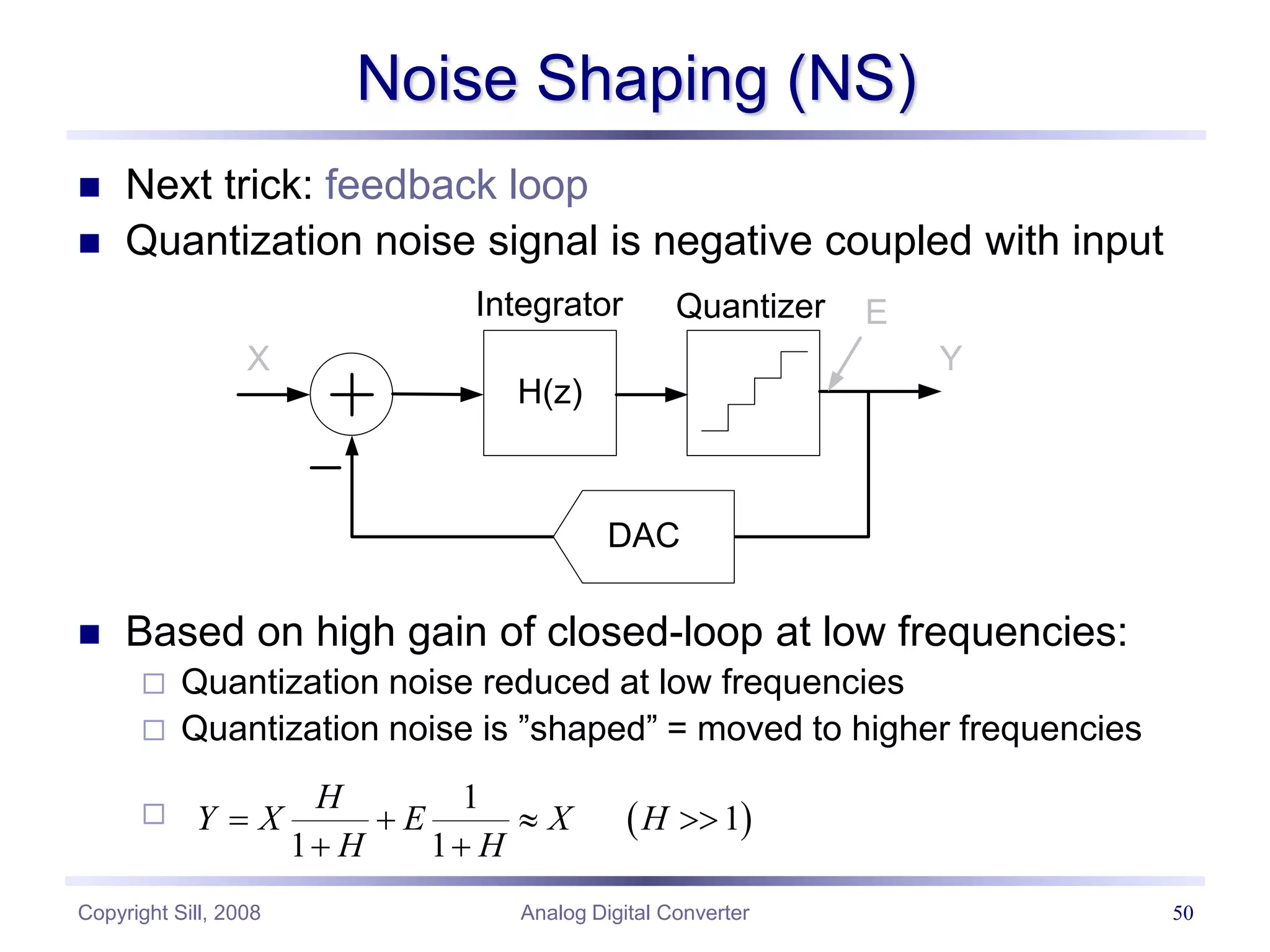 Copyright Sill, 2008 Analog Digital Converter 50
Noise Shaping (NS)
 Next trick: feedback loop
 Quantization noise signal is negative coupled with input
 Based on high gain of closed-loop at low frequencies:
 Quantization noise reduced at low frequencies
 Quantization noise is ”shaped” = moved to higher frequencies

H(z)
Integrator Quantizer
DAC
X Y
E
 
1
1
1 1
H
Y X E X H
H H
   
 
 