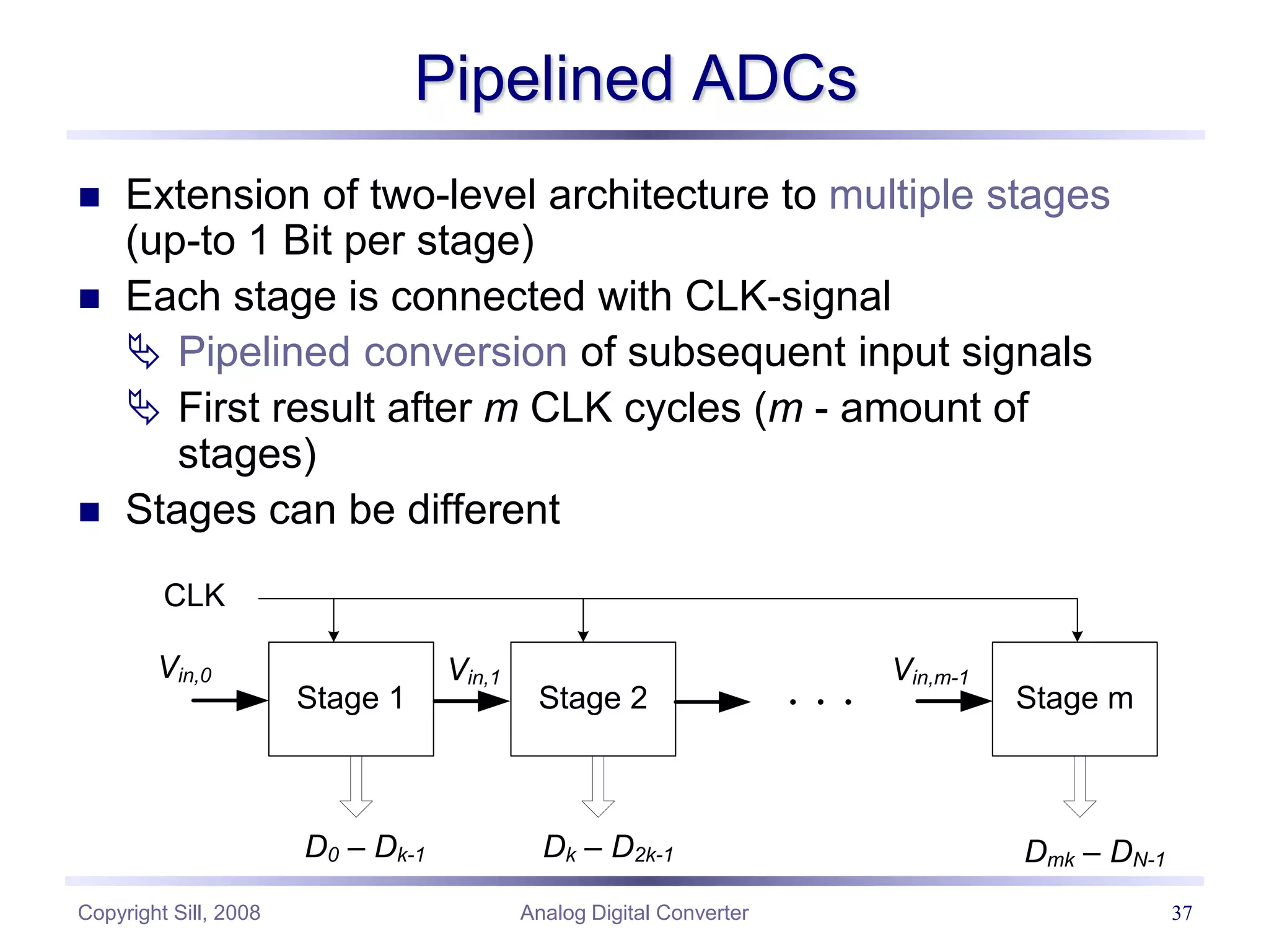 Copyright Sill, 2008 Analog Digital Converter 37
Pipelined ADCs
 Extension of two-level architecture to multiple stages
(up-to 1 Bit per stage)
 Each stage is connected with CLK-signal
 Pipelined conversion of subsequent input signals
 First result after m CLK cycles (m - amount of
stages)
 Stages can be different
Stage 1 Stage 2 Stage m
Vin,0 Vin,1 Vin,m-1
CLK
D0 – Dk-1 Dk – D2k-1 Dmk – DN-1
 