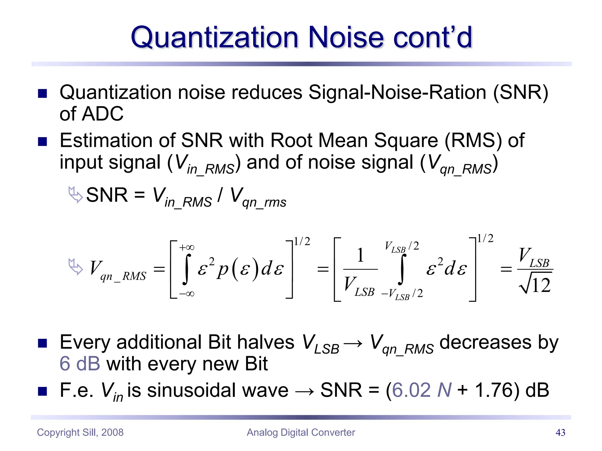 Copyright Sill, 2008 Analog Digital Converter 43
Quantization Noise cont’d
 Quantization noise reduces Signal-Noise-Ration (SNR)
of ADC
 Estimation of SNR with Root Mean Square (RMS) of
input signal (Vin_RMS) and of noise signal (Vqn_RMS)
SNR = Vin_RMS / Vqn_rms

 Every additional Bit halves VLSB → Vqn_RMS decreases by
6 dB with every new Bit
 F.e. Vin is sinusoidal wave → SNR = (6.02 N + 1.76) dB
 
1/2
1/2 /2
2 2
_
/2
1
12
LSB
LSB
V
LSB
qn RMS
LSB V
V
V p d d
V
    

 
 
 
  
 
 
 
   
 
 