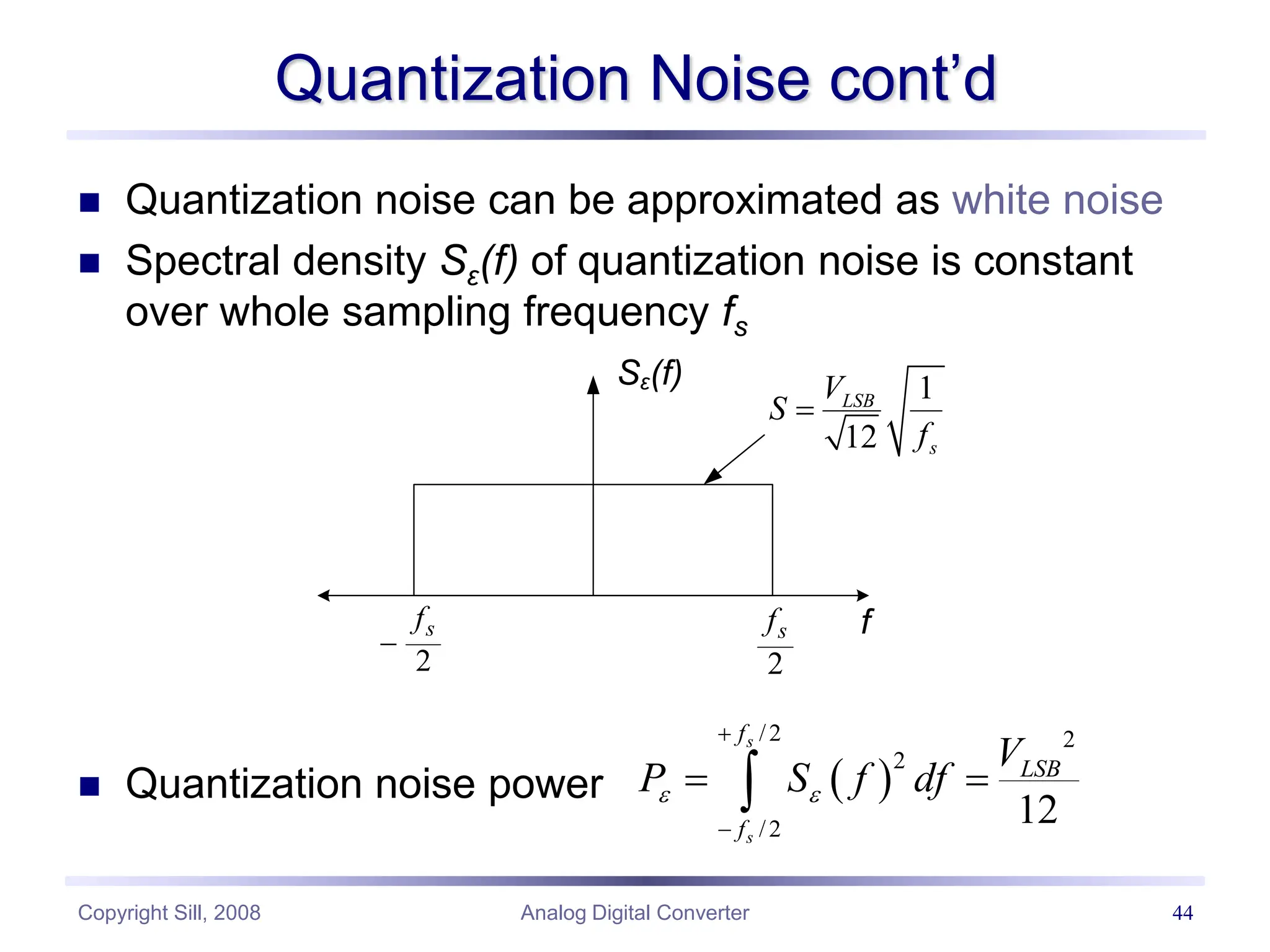 Copyright Sill, 2008 Analog Digital Converter 44
Quantization Noise cont’d
 Quantization noise can be approximated as white noise
 Spectral density Sε(f) of quantization noise is constant
over whole sampling frequency fs
 Quantization noise power
Sε(f)
2
s
f

2
s
f f
1
12
LSB
s
V
S
f

 
/2 2
2
/2
12
s
s
f
LSB
f
V
P S f df
 


 

 