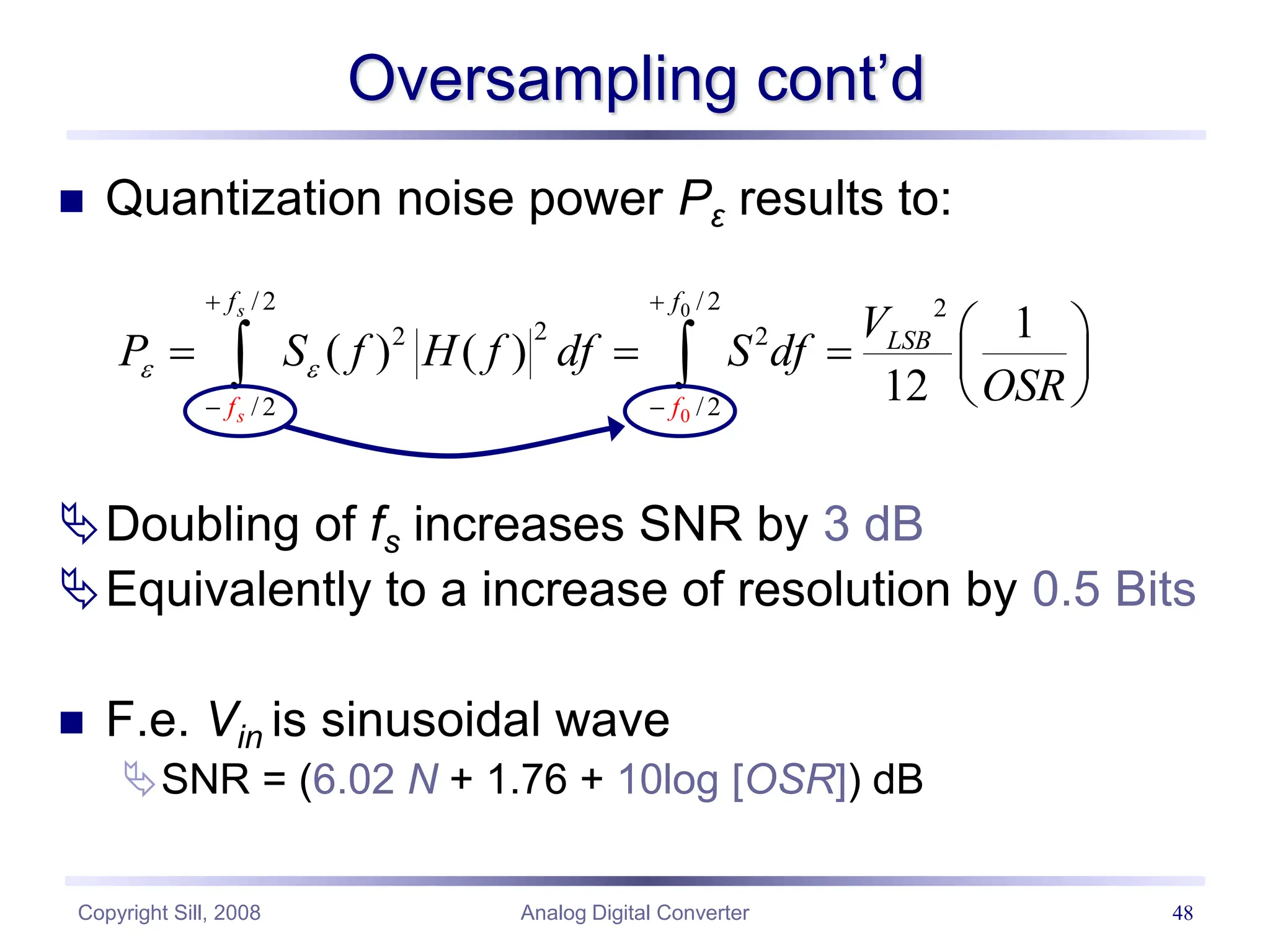 Copyright Sill, 2008 Analog Digital Converter 48
Oversampling cont’d
 Quantization noise power Pε results to:
Doubling of fs increases SNR by 3 dB
Equivalently to a increase of resolution by 0.5 Bits
 F.e. Vin is sinusoidal wave
SNR = (6.02 N + 1.76 + 10log [OSR]) dB
0
0
/2 /2 2
2
2 2
/2 /2
1
( ) ( )
12
s
s
f f
LS
f
B
f
V
P S f H f df S df
OSR
 
 
 
 
    
 
 
 