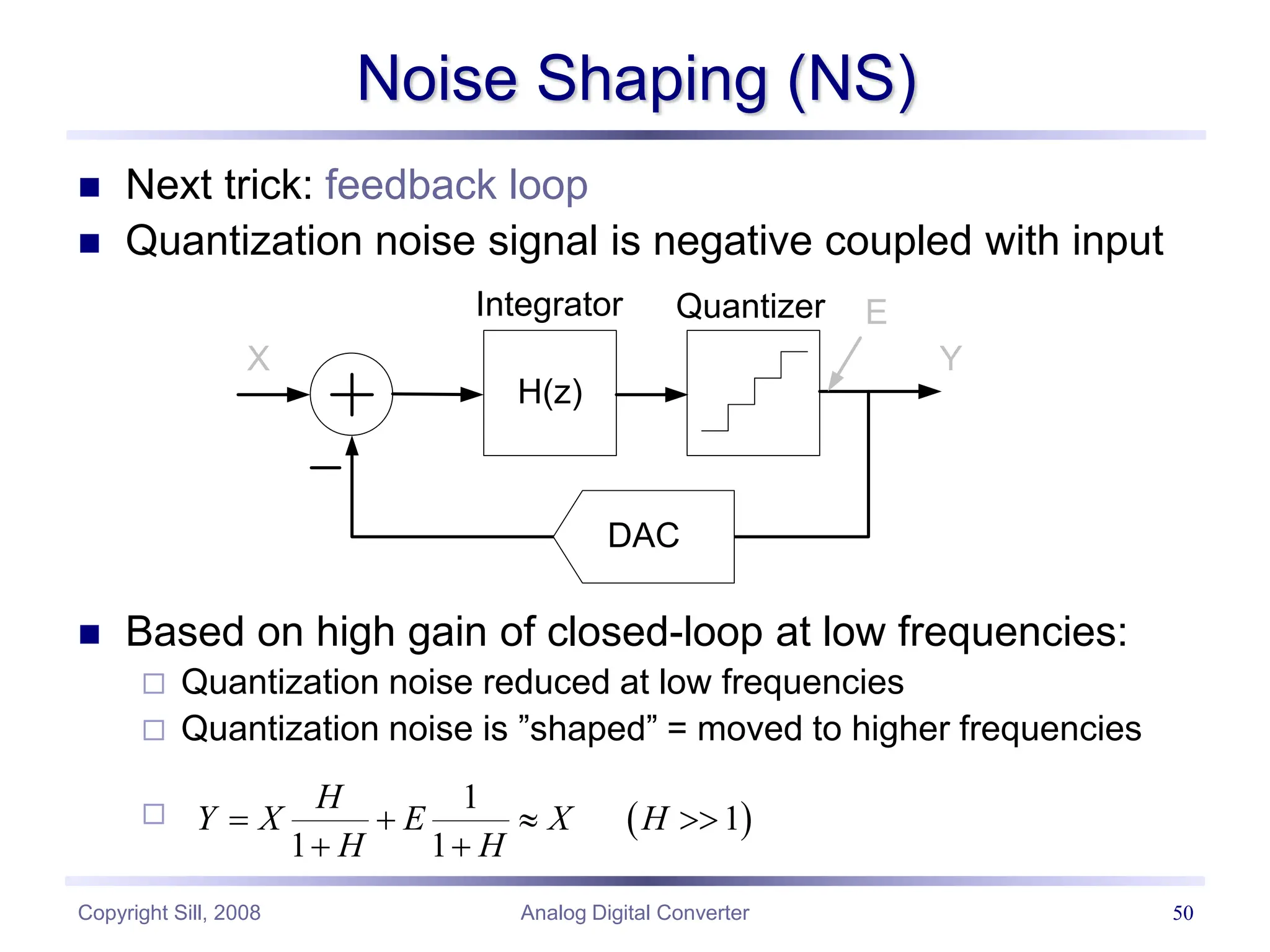 Copyright Sill, 2008 Analog Digital Converter 50
Noise Shaping (NS)
 Next trick: feedback loop
 Quantization noise signal is negative coupled with input
 Based on high gain of closed-loop at low frequencies:
 Quantization noise reduced at low frequencies
 Quantization noise is ”shaped” = moved to higher frequencies

H(z)
Integrator Quantizer
DAC
X Y
E
 
1
1
1 1
H
Y X E X H
H H
   
 
 