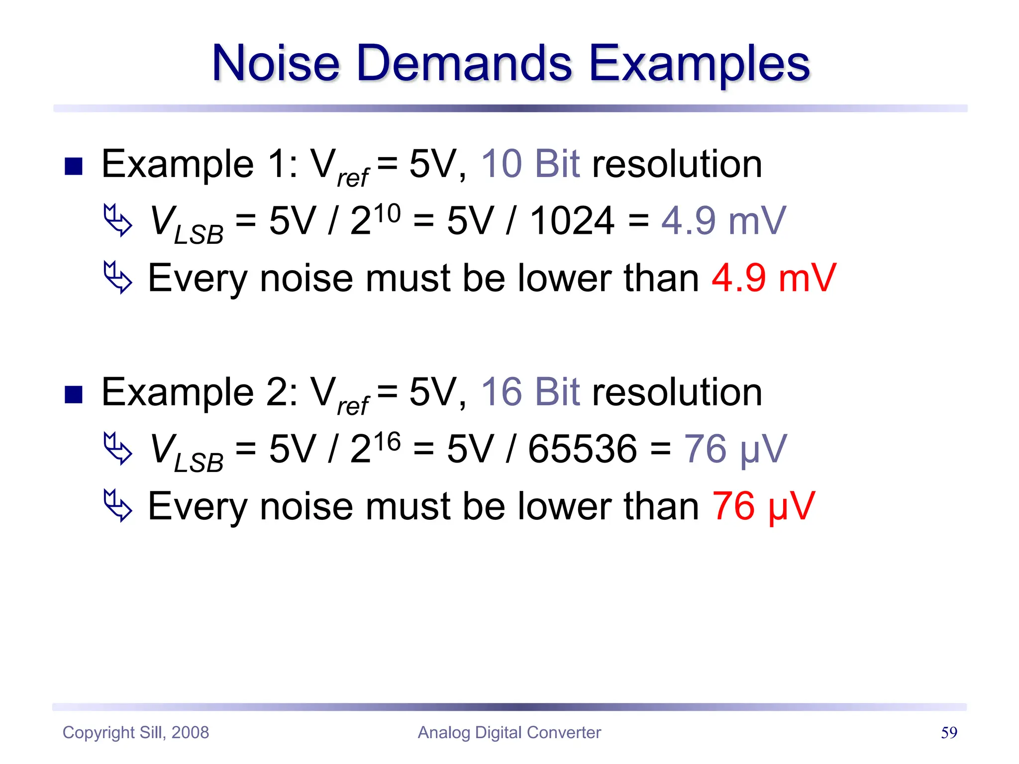 Copyright Sill, 2008 Analog Digital Converter 59
Noise Demands Examples
 Example 1: Vref = 5V, 10 Bit resolution
 VLSB = 5V / 210 = 5V / 1024 = 4.9 mV
 Every noise must be lower than 4.9 mV
 Example 2: Vref = 5V, 16 Bit resolution
 VLSB = 5V / 216 = 5V / 65536 = 76 µV
 Every noise must be lower than 76 µV
 