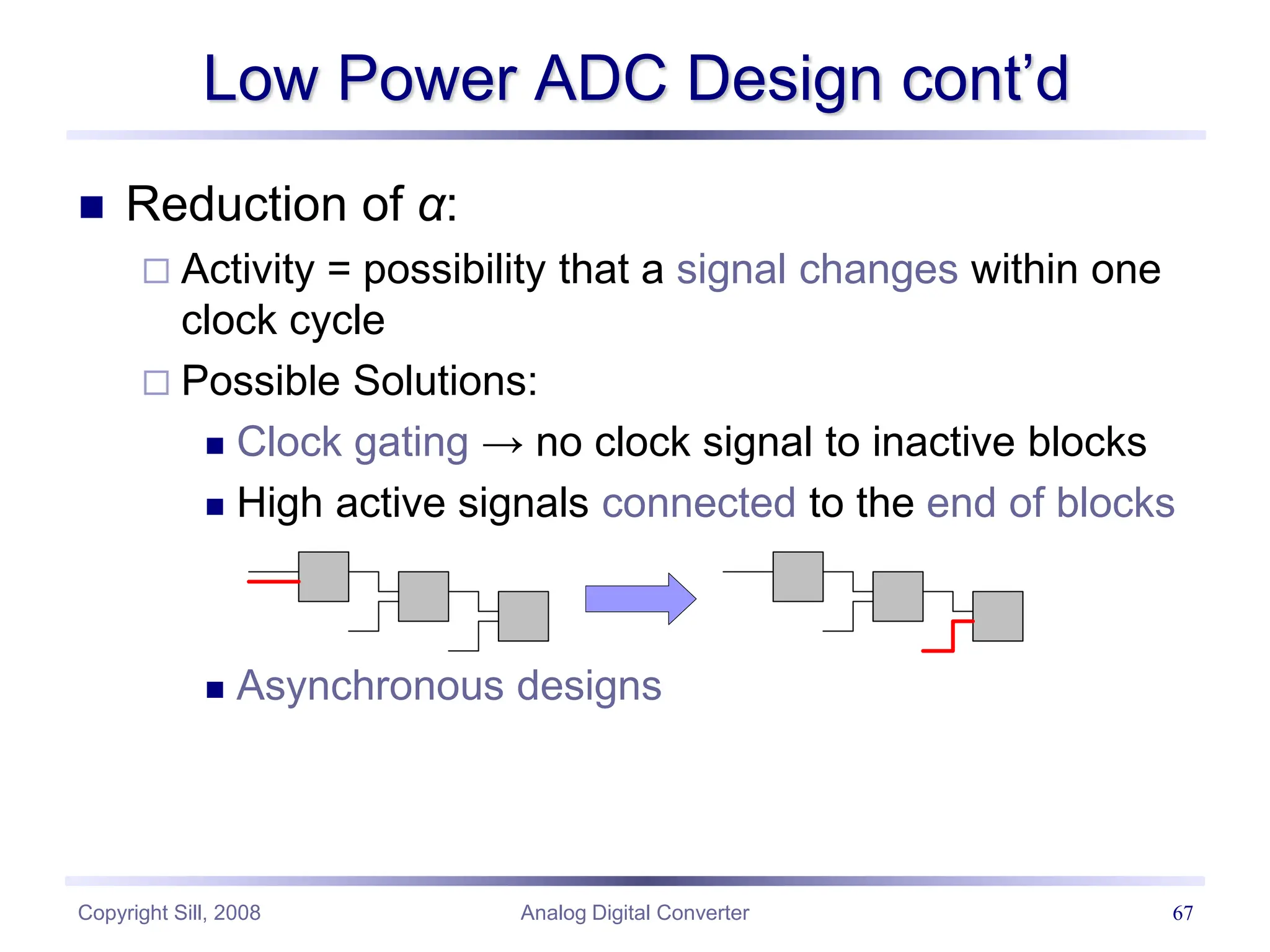 Copyright Sill, 2008 Analog Digital Converter 67
Low Power ADC Design cont’d
 Reduction of α:
 Activity = possibility that a signal changes within one
clock cycle
 Possible Solutions:
 Clock gating → no clock signal to inactive blocks
 High active signals connected to the end of blocks
 Asynchronous designs
 