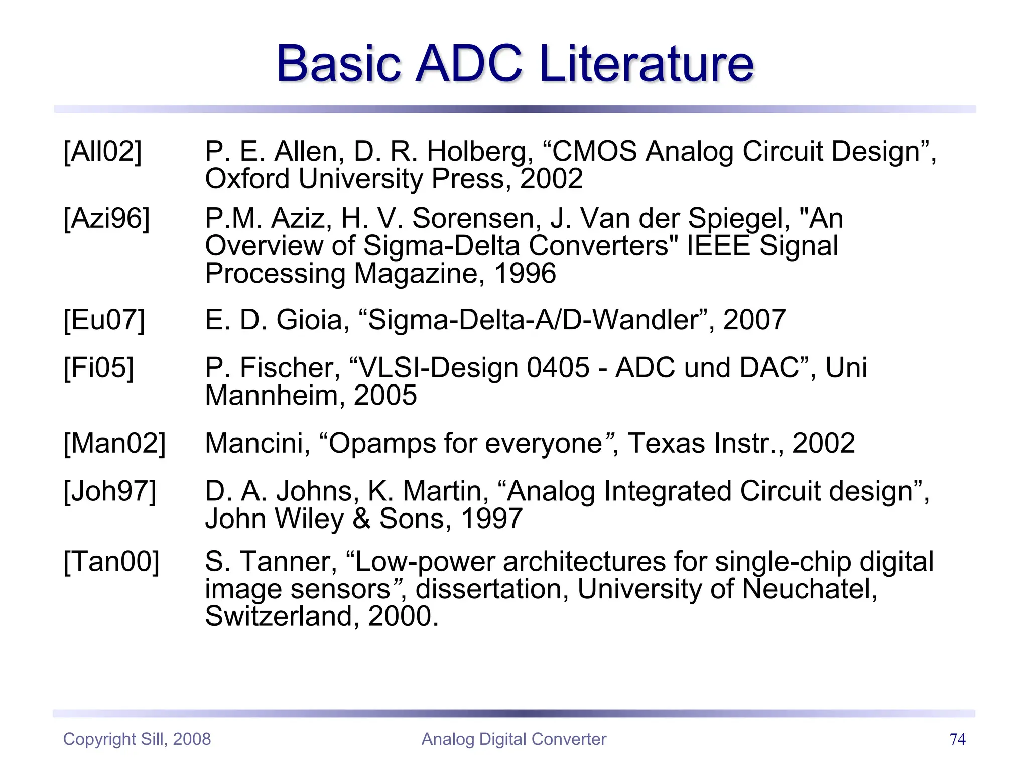 Copyright Sill, 2008 Analog Digital Converter 74
Basic ADC Literature
[All02] P. E. Allen, D. R. Holberg, “CMOS Analog Circuit Design”,
Oxford University Press, 2002
[Azi96] P.M. Aziz, H. V. Sorensen, J. Van der Spiegel, "An
Overview of Sigma-Delta Converters" IEEE Signal
Processing Magazine, 1996
[Eu07] E. D. Gioia, “Sigma-Delta-A/D-Wandler”, 2007
[Fi05] P. Fischer, “VLSI-Design 0405 - ADC und DAC”, Uni
Mannheim, 2005
[Man02] Mancini, “Opamps for everyone”, Texas Instr., 2002
[Joh97] D. A. Johns, K. Martin, “Analog Integrated Circuit design”,
John Wiley & Sons, 1997
[Tan00] S. Tanner, “Low-power architectures for single-chip digital
image sensors”, dissertation, University of Neuchatel,
Switzerland, 2000.
 
