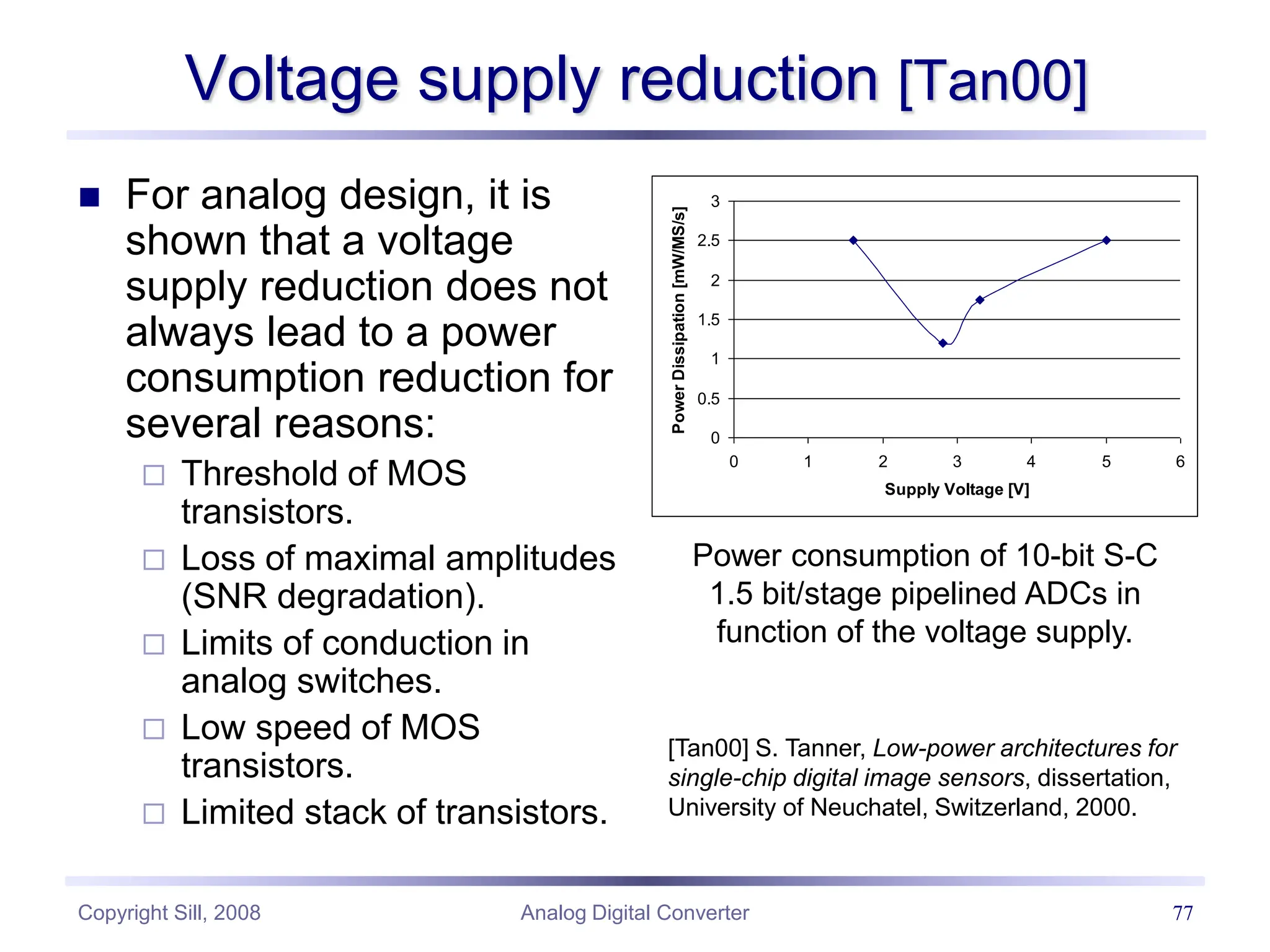 Copyright Sill, 2008 Analog Digital Converter 77
Voltage supply reduction [Tan00]
 For analog design, it is
shown that a voltage
supply reduction does not
always lead to a power
consumption reduction for
several reasons:
 Threshold of MOS
transistors.
 Loss of maximal amplitudes
(SNR degradation).
 Limits of conduction in
analog switches.
 Low speed of MOS
transistors.
 Limited stack of transistors.
0
0.5
1
1.5
2
2.5
3
0 1 2 3 4 5 6
Supply Voltage [V]
Power
Dissipation
[mW/MS/s]
Power consumption of 10-bit S-C
1.5 bit/stage pipelined ADCs in
function of the voltage supply.
[Tan00] S. Tanner, Low-power architectures for
single-chip digital image sensors, dissertation,
University of Neuchatel, Switzerland, 2000.
 
