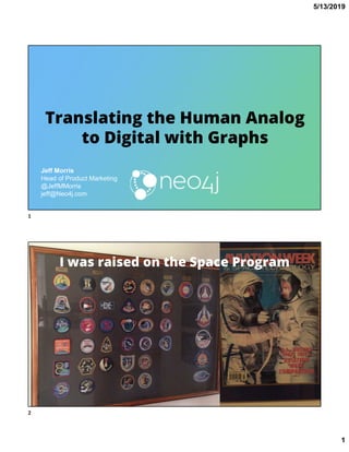 5/13/2019
1
Translating the Human Analog
to Digital with Graphs
Jeff Morris
Head of Product Marketing
@JeffMMorris
jeff@Neo4j.com
2
I was raised on the Space Program
1
2
 