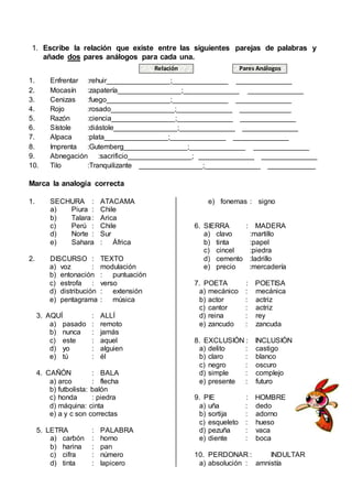 1. Escribe la relación que existe entre las siguientes parejas de palabras y
añade dos pares análogos para cada una.
1. Enfrentar :rehuir________________;______________ ______________
2. Mocasín :zapatería________________;______________ ______________
3. Cenizas :fuego________________;______________ ______________
4. Rojo :rosado________________;______________ _____________
5. Razón :ciencia________________;______________ ______________
6. Sístole :diástole________________;______________ ______________
7. Alpaca :plata________________;______________ ______________
8. Imprenta :Gutemberg________________;______________ ______________
9. Abnegación :sacrificio________________; ______________ ______________
10. Tilo :Tranquilizante ________________;______________ ____________
Marca la analogía correcta
1. SECHURA : ATACAMA
a) Piura : Chile
b) Talara: Arica
c) Perú : Chile
d) Norte : Sur
e) Sahara : África
2. DISCURSO : TEXTO
a) voz : modulación
b) entonación : puntuación
c) estrofa : verso
d) distribución : extensión
e) pentagrama : música
3. AQUÍ : ALLÍ
a) pasado : remoto
b) nunca : jamás
c) este : aquel
d) yo : alguien
e) tú : él
4. CAÑÓN : BALA
a) arco : flecha
b) futbolista: balón
c) honda : piedra
d) máquina: cinta
e) a y c son correctas
5. LETRA : PALABRA
a) carbón : horno
b) harina : pan
c) cifra : número
d) tinta : lapicero
e) fonemas : signo
6. SIERRA : MADERA
a) clavo :martillo
b) tinta :papel
c) cincel :piedra
d) cemento :ladrillo
e) precio :mercadería
7. POETA : POETISA
a) mecánico : mecánica
b) actor : actriz
c) cantor : actriz
d) reina : rey
e) zancudo : zancuda
8. EXCLUSIÓN : INCLUSIÓN
a) delito : castigo
b) claro : blanco
c) negro : oscuro
d) simple : complejo
e) presente : futuro
9. PIE : HOMBRE
a) uña : dedo
b) sortija : adorno
c) esqueleto : hueso
d) pezuña : vaca
e) diente : boca
10. PERDONAR : INDULTAR
a) absolución : amnistía
Relación Pares Análogos
 