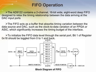 FIFO Operation  Block Diagram of FIFO  The AD9122 contains a 2-channel, 16-bit wide, eight-word deep FIFO designed to relax the timing relationship between the data arriving at the DAC input ports  The FIFO acts as a buffer that absorbs timing variation between the data source and DAC, such as the clock-to-data variation of an FPGA or ASIC, which significantly increases the timing budget of the interface.  To initialize the FIFO data level through the serial port, Bit 1 of Register 0x18 should be toggled from 0 to 1 and back.  
