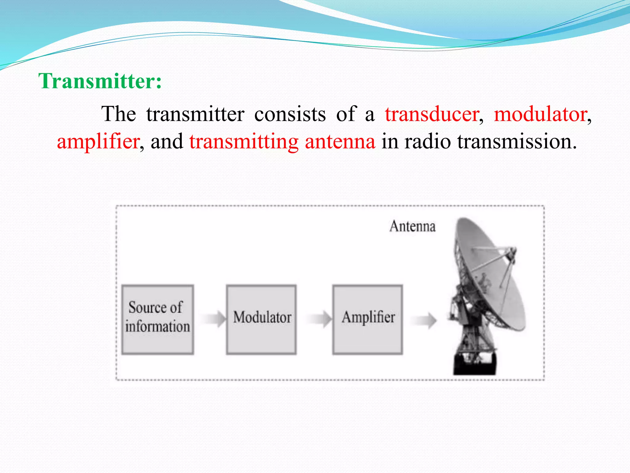 Transmitter:
The transmitter consists of a transducer, modulator,
amplifier, and transmitting antenna in radio transmission.
 