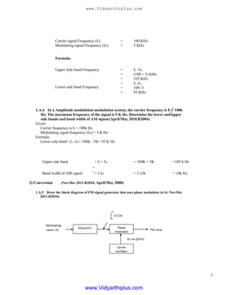 Carrier signal Frequency (fc)
Modulating signal Frequency (fm)
Formula:
Upper Side band Frequency
=
=
100 KHz
5 KHz
Lower side band Frequency
=
=
=
=
=
=
fc +fm
(100 + 5) KHz
105 KHz
fc -fm
100- 5
95 KHz
1.A.4 In a Amplitude modulation modulation system, the carrier frequency is Fc= 100k
Hz. The maximum frequency of the signal is 5 K Hz. Determine the lower and upper
side bands and band width of AM signal.(April/May 2010,R2004)
Given:
Carrier frequency is fc = 100k Hz
Modulating signal frequency (fm) = 5 K Hz
Formula:
Lower side band= fc - fm= 100K - 5K= 95 K Hz
Upper side band
Band width of AM signal
2) Conversion (Nov/Dec 2011-R2010, April/May 2008)
:
= fc + fm
= 2 fm
/
= 100K + 5K
= 2 x5k
=105 k Hz
= 10k Hz
1.A.5 Draw the block diagram of FM signal generator that uses phase modulator in it.( Nov/Dec
2011-R2010)
 
1
www.Vidyarthiplus.com
www.Vidyarthiplus.com
 