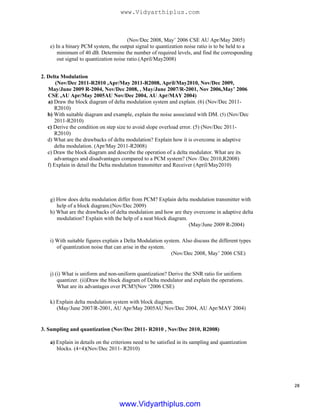 (Nov/Dec 2008, May’ 2006 CSE AU Apr/May 2005)
e) In a binary PCM system, the output signal to quantization noise ratio is to be held to a
minimum of 40 dB. Determine the number of required levels, and find the corresponding
out signal to quantization noise ratio.(April/May2008)
2. Delta Modulation
(Nov/Dec 2011-R2010 ,Apr/May 2011-R2008, April/May2010, Nov/Dec 2009,
May/June 2009 R-2004, Nov/Dec 2008, , May/June 2007/R-2001, Nov 2006,May’ 2006
CSE ,AU Apr/May 2005AU Nov/Dec 2004, AU Apr/MAY 2004)
a) Draw the block diagram of delta modulation system and explain. (6) (Nov/Dec 2011-
R2010)
b) With suitable diagram and example, explain the noise associated with DM. (5) (Nov/Dec
2011-R2010)
c) Derive the condition on step size to avoid slope overload error. (5) (Nov/Dec 2011-
R2010)
d) What are the drawbacks of delta modulation? Explain how it is overcome in adaptive
delta modulation. (Apr/May 2011-R2008)
e) Draw the block diagram and describe the operation of a delta modulator. What are its
advantages and disadvantages compared to a PCM system? (Nov /Dec 2010,R2008)
f) Explain in detail the Delta modulation transmitter and Receiver (April/May2010)
g) How does delta modulation differ from PCM? Explain delta modulation transmitter with
help of a block diagram.(Nov/Dec 2009)
h) What are the drawbacks of delta modulation and how are they overcome in adaptive delta
modulation? Explain with the help of a neat block diagram.
(May/June 2009 R-2004)
i) With suitable figures explain a Delta Modulation system. Also discuss the different types
of quantization noise that can arise in the system.
(Nov/Dec 2008, May’ 2006 CSE)
j) (i) What is uniform and non-uniform quantization? Derive the SNR ratio for uniform
quantizer. (ii)Draw the block diagram of Delta modulator and explain the operations.
What are its advantages over PCM?(Nov ‘2006 CSE)
k) Explain delta modulation system with block diagram.
(May/June 2007/R-2001, AU Apr/May 2005AU Nov/Dec 2004, AU Apr/MAY 2004)
3. Sampling and quantization (Nov/Dec 2011- R2010 , Nov/Dec 2010, R2008)
a) Explain in details on the criterions need to be satisfied in its sampling and quantization
blocks. (4+4)(Nov/Dec 2011- R2010)
28
www.Vidyarthiplus.com
www.Vidyarthiplus.com
 