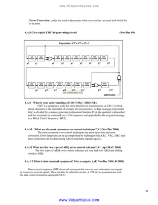 Error Correction: codes are used to determine when an error has occurred and which bit
is in error.
4.A.8 Give typical CRC-16 generating circuit (Nov/Dec 09)
4.A.9 What is your understanding of CRC?(May’ 2006 CSE)
CRC is a systematic code for error detection in transmission. A CRC-16 block
check character is the reminder of a binary division process. A data message polynomial
G(x) is divided by a unique generator polynomial function P(x), the quotient is discarded
and the remainder is truncated to a 16 bit sequence and appended to the original message
as a Block Check Sequence ( BCS).
4.A.10 What are the most common error control techniques?(AU Nov/Dec 2004)
The most common error control techniques are error detection and error
correction. Error detection can be accomplished by techniques like CRC, VRC, HRC and
error correction can be done using ARQ (Automatic repeat request).
4.A.11 What are the two types of ARQ error control schemes?(AU Apr/MAY 2004)
The two types of ARQ error control schemes are stop and wait ARQ and sliding
window ARQ.
4.A. 12 What is data terminal equipment? Give examples. (AU Nov/Dec 2010, R 2008)
Data terminal equipment (DTE) is an end instrument that converts user information into signals
or reconverts received signals. These can also be called tail circuits. A DTE device communicates with
the data circuit-terminating equipment (DCE).
32
www.Vidyarthiplus.com
www.Vidyarthiplus.com
 