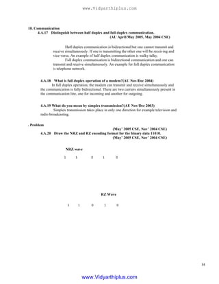 10. Communication
4.A.17 Distinguish between half duplex and full duplex communication.
(AU April/May 2005, May 2004 CSE)
Half duplex communication is bidirectional but one cannot transmit and
receive simultaneously. If one is transmitting the other one will be receiving and
vice-versa. An example of half duplex communication is walky talky.
Full duplex communication is bidirectional communication and one can
transmit and receive simultaneously. An example for full duplex communication
is telephone network.
4.A.18 What is full duplex operation of a modem?(AU Nov/Dec 2004)
In full duplex operation, the modem can transmit and receive simultaneously and
the communication is fully bidirectional. There are two carriers simultaneously present in
the communication line, one for incoming and another for outgoing.
4.A.19 What do you mean by simplex transmission?(AU Nov/Dec 2003)
Simplex transmission takes place in only one direction for example television and
radio broadcasting.
. Problem
(May’ 2005 CSE, Nov’ 2004 CSE)
4.A.20 Draw the NRZ and RZ encoding format for the binary data 11010.
(May’ 2005 CSE, Nov’ 2004 CSE)
NRZ wave
1 1 0
1 1 0
1 0
RZ Wave
1 0
34
www.Vidyarthiplus.com
www.Vidyarthiplus.com
 