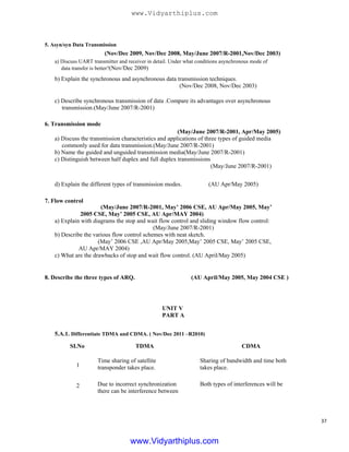 5. Asyn/syn Data Transmission
(Nov/Dec 2009, Nov/Dec 2008, May/June 2007/R-2001,Nov/Dec 2003)
a) Discuss UART transmitter and receiver in detail. Under what conditions asynchronous mode of
data transfer is better?(Nov/Dec 2009)
b) Explain the synchronous and asynchronous data transmission techniques.
(Nov/Dec 2008, Nov/Dec 2003)
c) Describe synchronous transmission of data .Compare its advantages over asynchronous
transmission.(May/June 2007/R-2001)
6. Transmission mode
(May/June 2007/R-2001, Apr/May 2005)
a) Discuss the transmission characteristics and applications of three types of guided media
commonly used for data transmission.(May/June 2007/R-2001)
b) Name the guided and unguided transmission media(May/June 2007/R-2001)
c) Distinguish between half duplex and full duplex transmissions
(May/June 2007/R-2001)
d) Explain the different types of transmission modes.
7. Flow control
(AU Apr/May 2005)
(May/June 2007/R-2001, May’ 2006 CSE, AU Apr/May 2005, May’
2005 CSE, May’ 2005 CSE, AU Apr/MAY 2004)
a) Explain with diagrams the stop and wait flow control and sliding window flow control:
(May/June 2007/R-2001)
b) Describe the various flow control schemes with neat sketch.
(May’ 2006 CSE ,AU Apr/May 2005,May’ 2005 CSE, May’ 2005 CSE,
AU Apr/MAY 2004)
c) What are the drawbacks of stop and wait flow control. (AU April/May 2005)
8. Describe the three types of ARQ. (AU April/May 2005, May 2004 CSE )
UNIT V
PART A
5.A.1. Differentiate TDMA and CDMA. ( Nov/Dec 2011 –R2010)
SI.No
1
2
TDMA
Time sharing of satellite
transponder takes place.
Due to incorrect synchronization
there can be interference between
CDMA
Sharing of bandwidth and time both
takes place.
Both types of interferences will be
37
www.Vidyarthiplus.com
www.Vidyarthiplus.com
 