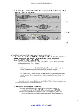 1.A.19 Draw The Amplitude Modulation Wave Forms With Modulation Index (M) =1,
M<1, M>1.(Nov/Dec 2008,R2004)
M>1
M= 1
6) AM DSBSC and SSBSC(May/June 2009 R-2004, Nov/Dec 2007 )
1.A.20 Write the advantages of SSB-SC-AM.(or) What is the advantage of suppressed
carrier modulation? (or) What are the advantages of SSB-SC modulation?
(May/June 2009 R-2004, Nov/Dec 2007 )
(i)The power of the suppressed carrier and sideband is saved. Hence transmitter
power requirement in SSB is reduced.
(ii)Because of narrow bandwidth of SSB, the effect of noise at the receiver
circuits is reduced. This gives better quality of reception in SSB.
(iii) Fading effect is absent because of SSB. Fading effect arises at the receiver
circuits because of two sidebands and carrier interfere with each other at the
receiver.
(iv) SSB-SC AM requires half of the bandwidth of DSB-SC and considerably less
power is transmitted in SSB-AM transmission.
1.A.21 Compare AM with DSB-SC and SSB-SC.
i.Double sideband suppressed carrier (DSB-SC) is more efficient in
transmitting power but the bandwidth remains the same as DSB-SC.
ii.Single sideband suppressed carrier (SSB-SC) has suppressed carrier and
one of the sidebands removed, hence it requires half of the bandwidth of
M<1
6
www.Vidyarthiplus.com
www.Vidyarthiplus.com
 
