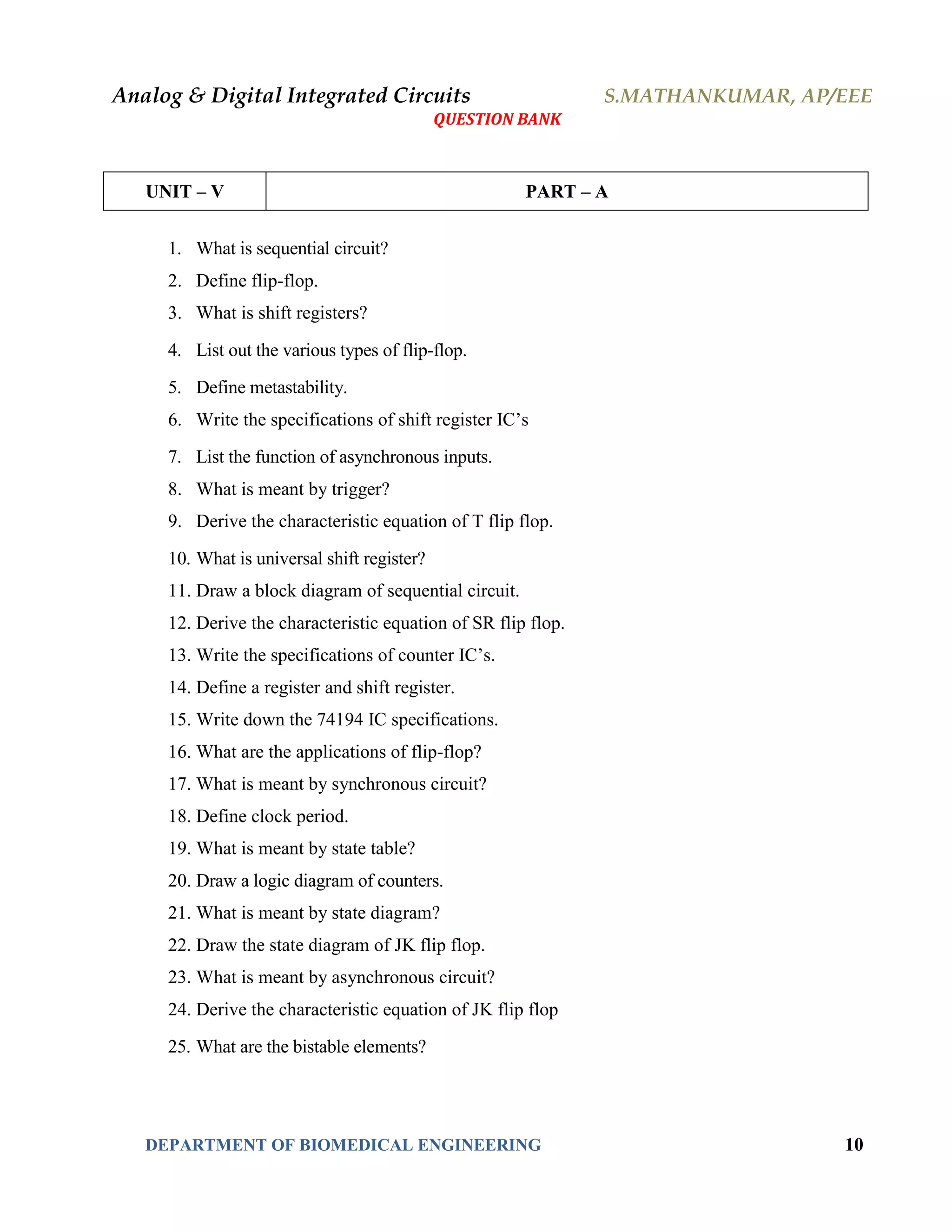 Analog & Digital Integrated Circuits S.MATHANKUMAR, AP/EEE
QUESTION BANK
DEPARTMENT OF BIOMEDICAL ENGINEERING 10
UNIT – V PART – A
1. What is sequential circuit?
2. Define flip-flop.
3. What is shift registers?
4. List out the various types of flip-flop.
5. Define metastability.
6. Write the specifications of shift register IC’s
7. List the function of asynchronous inputs.
8. What is meant by trigger?
9. Derive the characteristic equation of T flip flop.
10. What is universal shift register?
11. Draw a block diagram of sequential circuit.
12. Derive the characteristic equation of SR flip flop.
13. Write the specifications of counter IC’s.
14. Define a register and shift register.
15. Write down the 74194 IC specifications.
16. What are the applications of flip-flop?
17. What is meant by synchronous circuit?
18. Define clock period.
19. What is meant by state table?
20. Draw a logic diagram of counters.
21. What is meant by state diagram?
22. Draw the state diagram of JK flip flop.
23. What is meant by asynchronous circuit?
24. Derive the characteristic equation of JK flip flop
25. What are the bistable elements?
 