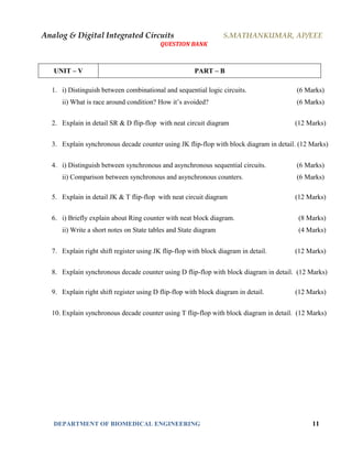 Analog & Digital Integrated Circuits S.MATHANKUMAR, AP/EEE
QUESTION BANK
DEPARTMENT OF BIOMEDICAL ENGINEERING 11
UNIT – V PART – B
1. i) Distinguish between combinational and sequential logic circuits. (6 Marks)
ii) What is race around condition? How it’s avoided? (6 Marks)
2. Explain in detail SR & D flip-flop with neat circuit diagram (12 Marks)
3. Explain synchronous decade counter using JK flip-flop with block diagram in detail. (12 Marks)
4. i) Distinguish between synchronous and asynchronous sequential circuits. (6 Marks)
ii) Comparison between synchronous and asynchronous counters. (6 Marks)
5. Explain in detail JK & T flip-flop with neat circuit diagram (12 Marks)
6. i) Briefly explain about Ring counter with neat block diagram. (8 Marks)
ii) Write a short notes on State tables and State diagram (4 Marks)
7. Explain right shift register using JK flip-flop with block diagram in detail. (12 Marks)
8. Explain synchronous decade counter using D flip-flop with block diagram in detail. (12 Marks)
9. Explain right shift register using D flip-flop with block diagram in detail. (12 Marks)
10. Explain synchronous decade counter using T flip-flop with block diagram in detail. (12 Marks)
 