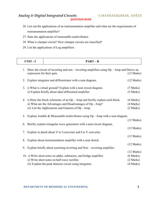 Analog & Digital Integrated Circuits S.MATHANKUMAR, AP/EEE
QUESTION BANK
DEPARTMENT OF BIOMEDICAL ENGINEERING 2
26. List out the applications of an instrumentation amplifier and what are the requirements of
instrumentation amplifier?
27. State the applications of monostable multivibrator.
28. What is clamper circuit? How clamper circuits are classified?
29. List the applications of Log amplifiers.
UNIT - I PART – B
1. Draw the circuit of inverting and non – inverting amplifiers using Op – Amp and Derive an
expression for their gain. (12 Marks)
2. Explain integrator and differentiator with a neat diagram. (12 Marks)
3. i) What is virtual ground? Explain with a neat circuit diagram. (7 Marks)
ii) Explain briefly about ideal differential amplifier. (5 Marks)
4. i) Draw the block schematic of an Op – Amp and briefly explain each block. (6 Marks)
ii) What are the Advantages and Disadvantages of Op - Amp? (4 Marks)
iii) List the Applications and Features of Op - Amp. (2 Marks)
5. Explain Astable & Monostable multivibrator using Op - Amp with a neat diagram.
(12 Marks)
6. Briefly explain triangular wave generators with a neat circuit diagram.
(12 Marks)
7. Explain in detail about V to I converter and I to V converter.
(12 Marks)
8. Explain about instrumentation amplifier with a neat sketch.
(12 Marks)
9. Explain briefly about summing inverting and Non – inverting amplifier.
(12 Marks)
10. i) Write short notes on adder, subtractor, and bridge amplifier. (6 Marks)
ii) Write short notes on half wave rectifier. (2 Marks)
iii) Explain the peak detector circuit using integrator. (4 Marks)
 