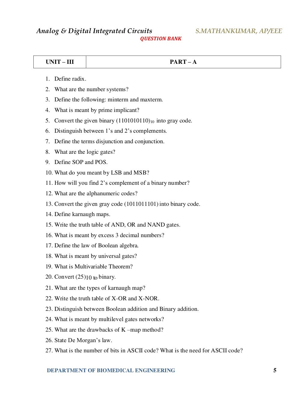 Analog & Digital Integrated Circuits (Question Bank)