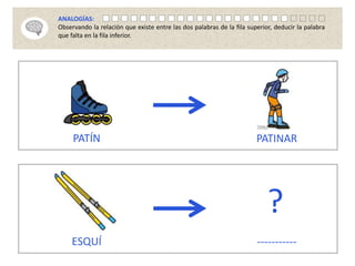PATÍN PATINAR
ESQUÍ -----------
?
ANALOGÍAS:
Observando la relación que existe entre las dos palabras de la fila superior, deducir la palabra
que falta en la fila inferior.
 