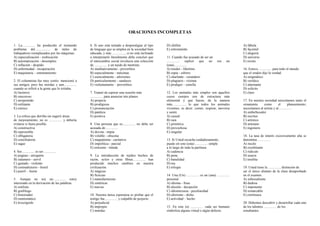 ORACIONES INCOMPLETAS
1. La............... ha producido el tremendo
problema del.................. de miles de
trabajadores reemplazados por las máquinas.
A) especialización - reubicación
B) automatización - desempleo
C) inflación - despido
D) enfermedad - recuperación
E) maquinaria – entrenamiento
2. El columnista fue muy cortés: mencionó a
sus amigos, pero fue mordaz y aun...............
cuando se refirió a la gente que lo irritaba.
A) lacónico
B) rencoroso
C) arrepentido
D) militante
E) estoico
3. La crítica que derriba sin sugerir áreas
de mejoramiento, no es ............... y debería
evitarse si fuera posible.
A) constructiva
B) reprensible
C) obligatoria
D) conciliatoria
E) sagaz
4. Ser............... es ser...............
A) pugnaz - arrogante
B) zalamero - servil
C) gastado - violento
D) contradictorio - hostil
E) pueril – fuerte
5. Aunque no soy un............... estoy
interesado en la derivación de las palabras.
A) estilista
B) grafólogo
C) historiador
D) numismático
E) lexicógrafo
6. Si uno está tentado a desprestigiar al tipo
de lenguaje que se emplea en la sociedad bien
educada, y más ..............., si no está inclinado
a interpretarlo literalmente debe concluir que
el intercambio social involucra una colección
de ............... y un tejido de mentiras.
A) meditativamente - proverbios
B) especialmente - máximas
C) esencialmente - aforismos
D) particularmente - sandeces
E) violentamente – proverbios
7. Trataré de esperar una ocasión más
............... para anunciar mis planes.
A) propicia
B) prodigiosa
C) pronunciación
D) patética
E) positiva
8. Una persona que es............... no debe ser
acusada de...............
A) devota - impía
B) voluble - obscena
C) magnánima - caritativa
D) impolítica - parcial
E) reticente - tímida
9. La introducción de tejidos hechos de
rayón, nylon y otras fibras............... han
producido muchos cambios en nuestra
civilización.
A) mágicas
B) ficticias
C) manufactureras
D) sintéticas
E) nuevas
10. Nuestra única esperanza es probar que el
testigo fue............... y culpable de perjurio.
A) perjudicial
B) impropio
C) mendaz
D) chillón
E) entrometido
11. Cuando fue acusado de ser un
............... replicó que no era un
(una)...............
A) traidor - libertino
B) espía - esbirro
C) charlatán - curandero
D) plagiario - víctima
E) prodigio – estrella
12. Los animales más simples son aquellos
cuyos cuerpos son de estructura más
elemental y que hacen, de la manera
más..............., lo que todos los animales
vivientes; es decir: comer, respirar, moverse
y sentir.
A) casual
B) rara
C) primitiva
D) provechosa
E) singular
13. Si Usted escucha cuidadosamente,
puede oír este (esta) ............... simple
a lo largo de toda la partitura.
A) cadencia
B) pena
C) banalidad
D) tea
E) trilogía
14. Una (Un) ............... es un (una) ...............
personal.
A) idioma - frase
B) alusión - decepción
C) idiosincrasia - peculiaridad
D) aforismo - dicho
E) actividad – hecho
15. En este (a) ............... cada ser humano
simboliza alguna virtud o algún defecto.
A) fábula
B) facsímil
C) alegoría
D) universo
E) receta
16. Estuvo ............... para todo el mundo
que el orador dijo la verdad.
A) enigmático
B) verídico
C) alarmante
D) solícito
E) claro
17. En nuestra sociedad necesitamos tanto el
ornamento como el planeamiento;
necesitamos al artista y al...............
A) embellecedor
B) escritor
C) artístico
D) artesano
E) ingeniero
18. La tasa de interés excesivamente alta se
denomina ...............
A) recelo
B) exorbitante
C) ridículo
D) usurra
E) insólita
19. Usted tiene la ............... distinción de
ser el único alumno de la clase desaprobado
en el examen.
A) sobresaliente
B) dudosa
C) imponente
D) remarcable
E) extrínseca
20. Debemos descubrir y desarrollar cada uno
de los talentos ............... de los
estudiantes.
 