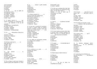 A) no reconocidos
B) no declarados
C) intrínsecos
D) latentes
E) plausibles
21. Es tan ............... que no puede ser
perturbado por asuntos ...............
A) complicado - simples
B) excitado - ordinarios
C) espiritual - mundanos
D) cándido - complicados
E) feliz - tristes
22. El médico advirtió al ............... que
siguiera estrictamente las indicaciones por
............... que implicaba el mal uso del
preparado.
A) farmacéutico - la complicación
B) colega - el control
C) abogado - ilegalidad
D) paciente - el peligro
E) practicante - la responsabilidad
23. Los ............... idiosincráticos varían de un
............... a otro.
A) precios - producto
B) principios - compuesto
C) seres - grupo
D) temas - idioma
E) caracteres – hombre
24. No firmes cartas que no ............... ni
bebas agua que no ...............
A) hagas - tomes
B) tienes - veas
C) hagas - veas
D) leas - veas
E) leas – pruebes
25. Una persona ............... es
considerada...............
A) lógica - sofista
B) dogmática - escéptica
C) hereje - sacrílega
D) circunspecta - vehemente
E) vacilante – sectaria
26. Por un tiempo la moda estuvo limitada a
pequeños grupos para desaprobar los valores
de la ............... porque la gente deseaba
calidad.
A) autocracia
B) democracia
C) habilidad técnica
D) plutocracia
E) gerontocracia
27. La falta de claridad en la ............... es
una de las causas más comunes de la
dificultad para comprender la ...............
que se quiere comunicar.
A) formulación - enseñanza
B) redacción - emoción
C) sensibilidad - condición
D) expresión - idea
E) traducción – materia
28. Se dice que la costumbre de estrecharse
las manos se originó cuando los hombres
primitivos extendían las manos vacías para
indicar que no tenían armas ............... y así
estaban dispuestos ...............
A) letales - claramente
B) ocultas - amigablemente
C) ocultas - armoniosas
D) fatales - bien
E) secretas – finalmente
29. Una cadena de circunstancias fortuitas
nos condujo a estos resultados..............
A) favorables
B) desastrosos
C) azarosos
D) propicios
E) afortunados
30. La evidencia no es (está) .............. al
problema entre manos.
A) pertinente
B) clara
C) incoada
D) luminosa
E) consistente
31.Una mirada ............... presta ...............
atención a los detalles.
A) furtiva - disimulada
B) fría - helada
C) prudente - cuidadosa
D) precipitada - poca
E) secreta – prudente
32. Se dice que la imprenta hace tanto bien
como mal, desde que nos proporciona libros
malos, así como libros buenos y............... la
falsedad y el error no menos que el
conocimiento y la verdad.
A) despliega
B) ostenta
C) novela
D) domada
E) propaga
33. Trató de ............... el problema colocando
factores ...............
A) clasificar - ambiguos
B) agravar - irritantes
C) apresurar - nuevos
D) resolver - enigmáticos
E) obscurecer - fuera de lugar
34. Es erróneo suponer que para conocer algo
es necesario saber su historia solamente, del
mismo modo que no es suficiente saber sus
............... para caracterizar a un hombre.
A) hazañas
B) antecedentes
C) intereses
D) ideas
E) ambiciones
35. El capital ............... es invalorable para el
progreso del Perú.
A) financiero
B) latinoamericano
C) norteamericano
D) humano
E) socialista
36. Donde empieza el deber termina la
...............
A) obligación
B) pusilanimidad
C) imparcialidad
D) amistad
E) admiración
37. ............... los que no teneis las
comodidades de un hogar.
A) Ellos
B) Aquellos
C) Vosotros
D) Ustedes
E) Nosotros
38. Se necesita ............... para decir lo que se
piensa y más ............... para hacer lo que se
dice.
A) valor - coraje
B) palabra - arte
C) bondad - confianza
D) tacto - ayuda
E) franqueza – amor
39. Si los hechos no son reales, se tiene
............... y además se sabe que pertenecen a
una época ...............
A) memoria - genial
B) biografía - cierta
C) tradición - importante
D) leyenda - pasada
E) historia – simbólica
40. El cerebro es más ............... que el
computador más.............
A) inteligente - sabio
B) complejo - potente
C) claro - complicado
D) técnico - hábil
E) perspicaz – útil
41. La industria siderúrgica obtuvo
abundante............... de los yacimientos
mineros del centro.
A) siderosa
B) sideral
C) sicoretina
D) sibarita
E) sicalíptico
42. A pesar de que al accidentado se le
hizo una transfusión ..............., este falleció al
mediodía.
A) de sangre
B) indirecta
C) arterial
D) directa
E) urgente
 