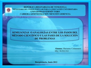 REPÚBLICA BOLIVARIANA DE VENEZUELA
MINISTERIO DEL PODER POPULAR PARA LA EDUCACIÓN UNIVERSITARIA
              UNIVERSIDAD FERMÍN TORO
      CARRERA ADMINISTRACIÓN MENCIÓN GERENCIA




SEMEJANZAS O ANALOGÍAS ENTRE LOS PASOS DEL
MÉTODO CIENTÍFICO Y LAS FASES DE LA SOLUCIÓN
              DE PROBLEMAS
 