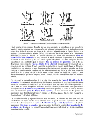 Figura 1. Falta de entendimiento y precisión en las fases de desarrollo.

¿Qué pasaría si los procesos de cada fase no son precisados y entendidos en un consultorio
médico? Imaginemos que una persona sufre una caída de consideración en la cual se lesiona un
brazo. Esta lesión le provoca que la parte del miembro afectado sufra de fuertes dolores y se
inflame. En este momento la persona reconoce que tiene un problema (aunque no lo conozca con
precisión) y acude al médico. El médico procede ha hacer una auscultación (fase de
identificación del problema), la cual consiste en hacer una serie de preguntas a la persona,
examinar la zona afectada y, tal vez, tomar alguna radiografía. Los datos arrojados por esta
auscultación son analizados por el médico (fase de análisis del problema) con el fin de
determinar como proceder (fase de diseño de la solución). Sin embargo, dependiendo de la
precisión con que se haya llevado a cabo la auscultación, el médico puede llegar a diferentes
conclusiones; por ejemplo, si por alguna razón las radiografías no fueron tomadas de forma
correcta el médico puede concluir que lo más conveniente es llevar a cabo una operación
quirúrgica. Lo primero que la persona puede pensar es que su problema es grave y que
posiblemente tenga que hacer un gasto fuerte o que tal vez sería conveniente tener una segunda
opinión.
En este caso, el segundo médico lleva a cabo otra auscultación (fase de identificación del
problema) y observa que las radiografías anteriores no arrojan mucha información debido a que
no fueron tomadas de forma correcta, por lo que ordena otras nuevas en diferentes ángulos con el
fin de tener una visión más precisa de la zona afectada. Después de analizar los datos y las nuevas
radiografías (fase de análisis del problema) comunica al paciente la forma en que se llevará a
cabo el tratamiento (fase de diseño de la solución), el cual consistirá de dos partes: un
tratamiento para desinflamar el brazo y mitigar los dolores, seguido de otro para recuperar la
funcionalidad y estructura del brazo.
La situación anterior y algunas similares son frecuentes, no siempre se tiene una solución
satisfactoria. En efecto, existen casos extremos como el que le sucedió a un familiar del autor:
por una falta de información en las fases de identificación y análisis del problema se diseño un
tratamiento (diseño de la solución) que al momento de llevarlo a cabo (instrumentación del
producto o servicio) a su vez provocó la amputación de un miembro inferior, siendo esta última
una situación irreversible.

                                                                                            Página 3 de 6
 