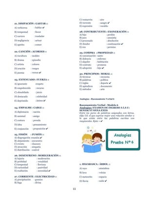 11
21. DISIPACIÓN : GASTAR ::
A) verborrea : hablar ✔
B) tempestad : llover
C) carrera : trasladar
D) negligencia : actuar
E) apetito : comer
22. CANCIÓN : ACORDES ::
A) escultura : moldes
B) drama : episodio
C) artista : colores
D) oración : ruegos
E) poema : versos ✔
23. EXTENUADO : FUERZA ::
A) ignorante :respeto
B) empobrecido : recurso
C) obnubilado : juicio
D) destacado : celebridad
E) deprimido : ánimo ✔
24. EMPALME : CABLE ::
A) diplomacia : nación
B) amistad : amigo
C) costura : prenda
D) idea : pensamiento
E) conjunción : proposición ✔
25. FISIÓN : FUSIÓN ::
A) disgregación :reunión ✔
B) alejamiento : encuentro
C) evento : clausura
D) atracción : simpatía
E) distribución : control
26. DESENFRENO : MORIGERACIÓN ::
A) lujuria : moderación
B) probidad : venalidad
C) tempestad : llovizna
D) curiosidad : pasividad
E) exaltación : serenidad ✔
27. CORRIENTE : ELECTRICIDAD ::
A) precipitación : granizo
B) fuga : divisa
C) ventarrón : aire
D) torrente : sangre ✔
E) expresión : vocablo
28. CONTRIBUYENTE : EXONERACIÓN ::
A) hijo : perdón
B) juez : amnistía
C) procesado : absolución
D) deudor : condonación ✔
E) reo : permiso
29. COMPRA : PROPIEDAD ::
A) canonización : santo
B) dolencia : enfermo
C) alquiler : habitación
D) contrato : promesa
E) adopción : hijo ✔
30. PRINCIPIOS : MORAL ::
A) técnicas : encuesta
B) palabras : política
C) reglas : deporte ✔
D) apéndices : documento
E) métodos : arte
Analogías - Razonamiento Verbal 6
Razonamiento Verbal - Modelo 6
Analogías: EXAMEN DE INGRESO A LA U:
SENESCYT SNNA ENES
Entre los pares de palabras asignados con letras,
elija Ud. el que exprese mejor una relación similar a
la que existe entre las palabras escritas con
mayúsculas. Rpta = ✔
1. HOJARASCA : ÁRBOL ::
A) rayo : atmósfera
B) lava : volcán
C) meteorito : espacio
D) lluvia : nube ✔
 