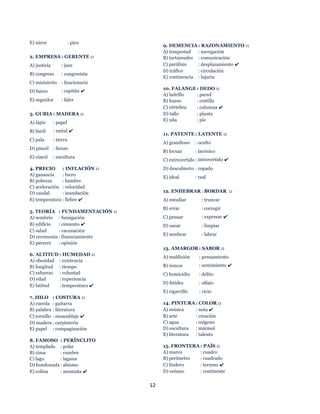 12
E) nieve : pico
2. EMPRESA : GERENTE ::
A) justicia : juez
B) congreso : congresista
C) ministerio : funcionario
D) barco : capitán ✔
E) seguidor : líder
3. GUBIA : MADERA ::
A) lápiz : papel
B) buril : metal ✔
C) pala : tierra
D) pincel : lienzo
E) cincel : escultura
4. PRECIO : INFLACIÓN ::
A) ganancia : lucro
B) pobreza : hambre
C) aceleración : velocidad
D) caudal : inundación
E) temperatura : fiebre ✔
5. TEORÍA : FUNDAMENTACIÓN ::
A) sembrío : fumigación
B) edificio : cimiento ✔
C) salud : vacunación
D) ceremonia : financiamiento
E) parecer : opinión
6. ALTITUD : HUMEDAD ::
A) obesidad : existencia
B) longitud : tiempo
C) esfuerzo : voluntad
D) edad : experiencia
E) latitud : temperatura ✔
7. HILO : COSTURA ::
A) cuerda : guitarra
B) palabra : literatura
C) tornillo : ensamblaje ✔
D) madera : carpintería
E) papel : compaginación
8. FAMOSO : PERÍNCLITO
A) templado : polar
B) cima : cumbre
C) lago : laguna
D) hondonada : abismo
E) colina : montaña ✔
9. DEMENCIA : RAZONAMIENTO ::
A) tempestad : navegación
B) tartamudez : comunicación
C) parálisis : desplazamiento ✔
D) tráfico : circulación
E) continencia : lujuria
10. FALANGE : DEDO ::
A) ladrillo : pared
B) hueso : costilla
C) vértebra : columna ✔
D) tallo : planta
E) uña : pie
11. PATENTE : LATENTE ::
A) grandioso : oculto
B) locuaz : lacónico
C) extrovertido : introvertido ✔
D) descubierto : copado
E) ideal : real
12. ENHEBRAR : BORDAR ::
A) estudiar : truncar
B) errar : corregir
C) pensar : expresar ✔
D) asear : limpiar
E) sembrar : labrar
13. AMARGOR : SABOR ::
A) maldición : pensamiento
B) rencor : sentimiento ✔
C) homicidio : delito
D) fetidez : olfato
E) cigarrillo : vicio
14. PINTURA : COLOR ::
A) música : nota ✔
B) arte : creación
C) agua : oxígeno
D) escultura : mármol
E) literatura : talento
15. FRONTERA : PAÍS ::
A) marco : cuadro
B) perímetro : cuadrado
C) lindero : terreno ✔
D) océano : continente
 