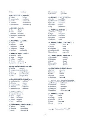 13
E) hito : territorio
16. UNISONANCIA : CORO ::
A) tregua : tropa
B) remuneración : sindicato
C) estudio : alumnado
D) felicidad : matrimonio
E) conformidad : asamblea ✔
17. TIERRA : LODO ::
A) aire : lluvia
B) larva : ninfa
C) témpera : acuarela
D) detergente : espuma ✔
E) leche : queso
18. HEMATÍE : SANGRE ::
A) oxígeno : aire
B) carbono : metal
C) hidrógeno : agua ✔
D) anhídrido : gaseosa
E) petróleo : combustible
19. PEDIDO : CONCESIÓN ::
A) esfuerzo : éxito
B) venta : compra
C) trabajo : sueldo
D) ofensa : alabanza
E) pregunta : respuesta ✔
20. COLISIÓN : ABOLLADURA ::
A) batalla : muerte
B) complacencia : abatimiento
C) grieta : resquebrajadura
D) altercado : resentimiento ✔
E) puño : magulladura
21. HONORARIOS : SERVICIO ::
A) condecoración : mérito ✔
B) pleitesía : honra
C) congratulación : cariño
D) donación : peteición
E) indemnización : perjuicio
22. GOTA : AGUA ::
A) segundo : tiempo ✔
B) célula : tejido
C) radio : diámetro
D) arenal : desierto
E) letra : alfabeto
23. ESCOMBRO : TERREMOTO ::
A) pérdida : asalto
B) humedad : inundación
C) ceniza : incendio ✔
D) comentario : derrota
E) huérfano : genocidio
24. TIRANO : PREPOTENCIA ::
A) orador : amabilidad
B) adolescente : volubilidad
C) timador : astucia ✔
D) mendaz : maldad
E) rey : investidura
25. ALTAVOZ : SONIDO ::
A) reflector : rayo
B) lupa : imagen ✔
C) automóvil : velocidad
D) acequia : corriente
E) televisor : color
26. RUBORIZADO : VERGÜENZA ::
A) ceñudo : cólera ✔
B) lívido : dolor
C) cabizbajo : temor
D) cariacontecido : deprimido
E) asombroso : impresión
27. HELIOGÁBALO : COMIDA ::
A) descarado : mentira
B) lujurioso : sexo ✔
C) jovial : juego
D) deportista : bebida
E) estudioso : lectura
28. CINEASTA : ESPECTADOR ::
A) artista : receptor
B) músico : locutor
C) actor : editor
D) poeta : crítico
E) novelista : lector ✔
29. PSICÓLOGO : ESQUIZOFRENIA ::
A) odontólogo : extracción
B) deportista : lesión
C) ecologista : atmósfera
D) sacerdote : pecado
E) sociólogo : delincuencia ✔
30. SANGRE : VASO ::
A) lago : cause
B) peatón : acera
C) impulso : nervio
D) agua : tubería ✔
E) vena : aorta
Analogías - Razonamiento Verbal 7
 