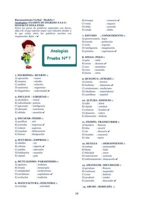 14
Razonamiento Verbal - Modelo 7
Analogías: EXAMEN DE INGRESO A LA U:
SENESCYT SNNA ENES
Entre los pares de palabras asignados con letras,
elija Ud. el que exprese mejor una relación similar a
la que existe entre las palabras escritas con
mayúsculas. Rpta = ✔
1. NECROPSIA : MUERTE ::
A) operación : tumor
B) examen : estudio
C) análisis : solución
D) anatomía : organismo
E) diagnóstico : enfermedad ✔
2. ESCLAVO : LIBERTAD ::
A) alcohólico : virtud
B) subordinado : justicia
C) ignorante : inteligencia
D) alienado : conciencia
E) alelado : atención ✔
3. DECAPAR : ÓXIDO ::
A) purificar : aire
B) acrisolar : impureza ✔
C) reducir : aspereza
D) expulsar : delincuencia
E) honrar : denigración
4. SUCURSAL : EMPRESA ::
A) súbdito : rey
B) colonia : imperio ✔
C) satélite : televisión
D) habitación : mansión
E) capital : país
5. MUTUALISMO : PARASITISMO ::
A) egoísmo : realismo
B) tiranía : monarquía
C) antigüedad : modernismo
D) socialismo : capitalismo ✔
E) evolución : tradición
6. MANUFACTURA : INDUSTRIA ::
A) reciclaje : actividad
B) trueque : comercio ✔
C) venta : negocio
D) dólar : moneda
E) estafa : delito
7. ESTUDIO : CONOCIMIENTO ::
A) perseverancia : logro
B) triunfo : perfección
C) éxito : regocijo
D) inteligencia : imaginación
E) práctica : experiencia ✔
8. HIELO : POLO ::
A) gota : nube
B) arena : desierto ✔
C) aire : atmósfera
D) roca : montaña
E) fauna : selva
9. QUECHUA : AYMARÁ ::
A) ciencia : técnica
B) budismo : islamismo ✔
C) cristianismo : catolicismo
D) idealismo : materialismo
E) castellano : español
10. ALTURA : EDIFICIO ::
A) tallo : árbol
B) cúpula : catedral
C) estatura : hombre ✔
D) diámetro : esfera
E) dimensión : elefante
11. TIEMPO : TRANSCURRIR ::
A) bandera : flamear
B) idea : ocurrir
C) río : discurrir ✔
D) hombre : concurrir
E) vida : morir
12. HUELGA : DESCONTENTO ::
A) trabajo : animosidad
B) fiesta : baile
C) felicidad : amor
D) matrimonio : armonía
E) enfrentamiento : desacuerdo ✔
13. AMANECER : OSCURECER ::
A) germinar : florecer
B) continuar : suspender
C) crear : destruir
D) producir : vender
E) ascender : descender ✔
14. ABUSO : REBELDÍA ::
 