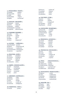 6
11. INTELIGIBLE : TEXTO ::
A) inefable : palabra
B) inenarrable : suceso
C) asible : objeto
D) descifrable : crìptico
E) legible : escritura ✔
12. NOVICIO : RELIGIÓN ::
A) discípulo : ciencia
B) bisoño : milicia ✔
C) flamante : política
D) principiante : economía
E) empleado : administración
13. CEREBRO :HOMBRE ::
A) perilla : reloj
B) instinto : animal
C) raíz : planta
D) agalla : pez
E) motor : máquina ✔
14. ALTURA : OXÍGENO ::
A) profundidad : presión
B) latitud : temperatura ✔
C) descanso : respiración
D) concentración : conocimiento
E) ejercicio : capacidad
15. TRACTOR : AVIÓN ::
A) cohete : propulsor
B) avioneta : aeroplano
C) tortuga : águila ✔
D) tren : autobús
E) submarino : velero
16. ORIÓN : CONSTELACIÓN ::
A) socio : asociación
B) isla : archipiélago
C) hueso : osamenta
D) piara : manada ✔
E) pino : pinar
17. ABDOMEN : ESTÓMAGO ::
A) pulmón : riñón
B) vehículo : motor
C) tórax : laringe
D) cráneo : cerebro ✔
E) memoria : inteligencia
18. PARTITURA : NOTA ::
A) estrofa : poema
B) discurso : palabra ✔
C) cantidad : número
D) historia : hecho
E) calendario : fecha
19. VOLUMEN : CUBO ::
A) punto : línea
B) forma : cilindro
C) área : triángulo ✔
D) superficie : prisma
E) perímetro : círculo
20. GESTACIÓN : MAMÍFERO ::
A) desarrollo : sociedad
B) germinación : vegetal
C) metamorfosis : larva
D) mitosis : célula
E) incubación : ave ✔
21. PRESENCIA : AUSENCIA ::
A) cortesía : falsedad
B) secreto : mentira
C) existencia : esencia
D) partida : retorno
E) realidad : ficción ✔
22. TRIÁNGULO : HEXÁGONO ::
A) curva : recta
B) círculo : esfera
C) cuadrado : octágono ✔
D) isósceles : escaleno
E) trío : cuarteto
23. PIFIA : DESAVENENCIA ::
A) ovación : triunfo
B) colaboración : amistad
C) condecoración : celebridad
D) aplauso : aprobación ✔
E) indiferencia : discordancia
24. SUSTANTIVO : DESIGNACIÓN ::
A) adjetivo : acción
B) verbo : cualificación
C) adverbio : equiparación
D) artículo : modificación
E) pronombre : sustitución ✔
25. DESLEÍR : SAL ::
A) limpiar : agua
B) navegar : barco
C) endulzar : azúcar
D) ardor : fuego
 