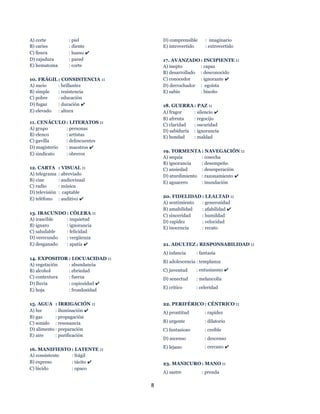 8
A) corte : piel
B) caries : diente
C) fisura : hueso ✔
D) rajadura : pared
E) hematoma : corte
10. FRÁGIL : CONSISTENCIA ::
A) sucio : brillantez
B) simple : resistencia
C) pobre : educación
D) fugaz : duración ✔
E) elevado : altura
11. CENÁCULO : LITERATOS ::
A) grupo : personas
B) elenco : artistas
C) gavilla : delincuentes
D) magisterio : maestros ✔
E) sindicato : obreros
12. CARTA : VISUAL ::
A) telegrama : abreviado
B) cine : audiovisual
C) radio : música
D) televisión : captable
E) teléfono : auditivo ✔
13. IRACUNDO : CÓLERA ::
A) irascible : inquietud
B) ignaro : ignorancia
C) saludable : felicidad
D) verecundo : vergüenza
E) desganado : apatía ✔
14. EXPOSITOR : LOCUACIDAD ::
A) vegetación : abundancia
B) alcohol : ebriedad
C) contextura : fuerza
D) lluvia : copiosidad ✔
E) hoja : frondosidad
15. AGUA : IRRIGACIÓN ::
A) luz : iluminación ✔
B) gas : propagación
C) sonido : resonancia
D) alimento : preparación
E) aire : purificación
16. MANIFIESTO : LATENTE ::
A) consistente : frágil
B) expreso : tácito ✔
C) lúcido : opaco
D) comprensible : imaginario
E) introvertido : extrovertido
17. AVANZADO : INCIPIENTE ::
A) inepto : capaz
B) desarrollado : desconocido
C) conocedor : ignorante ✔
D) derrochador : egoísta
E) sabio : bisoño
18. GUERRA : PAZ ::
A) fragor : silencio ✔
B) afrenta : regocijo
C) claridad : oscuridad
D) sabiduría : ignorancia
E) bondad : maldad
19. TORMENTA : NAVEGACIÓN ::
A) sequía : cosecha
B) ignorancia : desempeño
C) ansiedad : desesperación
D) aturdimiento : razonamiento ✔
E) aguacero : inundación
20. FIDELIDAD : LEALTAD ::
A) sentimiento : generosidad
B) amabilidad : afabilidad ✔
C) sinceridad : humildad
D) rapidez : velocidad
E) inocencia : recato
21. ADULTEZ : RESPONSABILIDAD ::
A) infancia : fantasía
B) adolescencia : templanza
C) juventud : entusiasmo ✔
D) senectud : melancolía
E) crítico : celeridad
22. PERIFÉRICO : CÉNTRICO ::
A) prontitud : rapidez
B) urgente : dilatorio
C) fantasioso : creíble
D) ascenso : descenso
E) lejano : cercano ✔
23. MANICURO : MANO ::
A) sastre : prenda
 