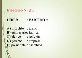 Ejercicio Nº 54
LÍDER : PARTIDO ::
A) prosélito : grupo
B) empresario: fábrica
C) clérigo
D) gerente
: religión
: empresa
E) presidente : asamblea
 