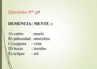 Ejercicio Nº 58
DEMENCIA: MENTE ::
A) caries : muela
B) nubosidad : atmósfera
C) ceguera
D) bocio
E) eclipse
: vista
: tiroides
: sol
 