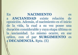 oposición. Además, el nacimiento es el inicio
de la vida, la cual a su vez posee una
duración considerable y cuya etapa última es
la ancianidad. Lo mismo ocurre, en ese
orden, con el par SURGIMIENTO es
a DECADENCIA. Rpta. (E)
En NACIMIENTO es
a ANCIANIDAD existe relación de
 