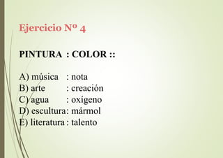 Ejercicio Nº 4
PINTURA : COLOR ::
A) música
B) arte
C) agua
: nota
: creación
: oxígeno
D) escultura: mármol
E) literatura : talento
 
