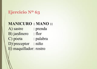 Ejercicio Nº 63
MANICURO : MANO ::
A) sastre
B) jardinero
C) poeta
D) preceptor
: prenda
: flor
: palabra
: niño
E) maquillador: rostro
 