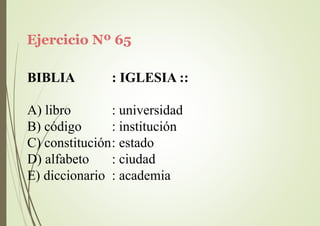 Ejercicio Nº 65
BIBLIA : IGLESIA ::
A) libro
B) código
: universidad
: institución
C) constitución: estado
D) alfabeto : ciudad
E) diccionario : academia
 