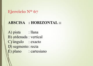 Ejercicio Nº 67
ABSCISA : HORIZONTAL ::
A) pista : llana
B) ordenada : vertical
C) ángulo : exacto
D) segmento: recta
E) plano : cartesiano
 