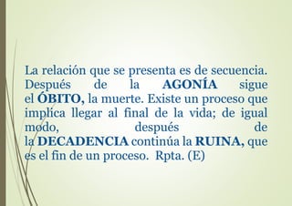 La relación que se presenta es de secuencia.
Después de la AGONÍA sigue
el ÓBITO, la muerte. Existe un proceso que
implica llegar al final de la vida; de igual
modo, después de
la DECADENCIA continúa la RUINA, que
es el fin de un proceso. Rpta. (E)
 