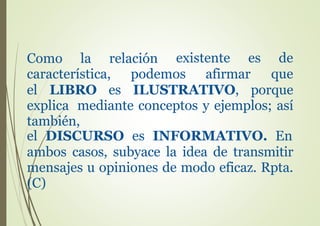 Como la relación existente es de
quecaracterística, podemos afirmar
el LIBRO es ILUSTRATIVO, porque
explica mediante conceptos y ejemplos; así
también,
el DISCURSO es INFORMATIVO. En
ambos casos, subyace la idea de transmitir
mensajes u opiniones de modo eficaz. Rpta.
(C)
 